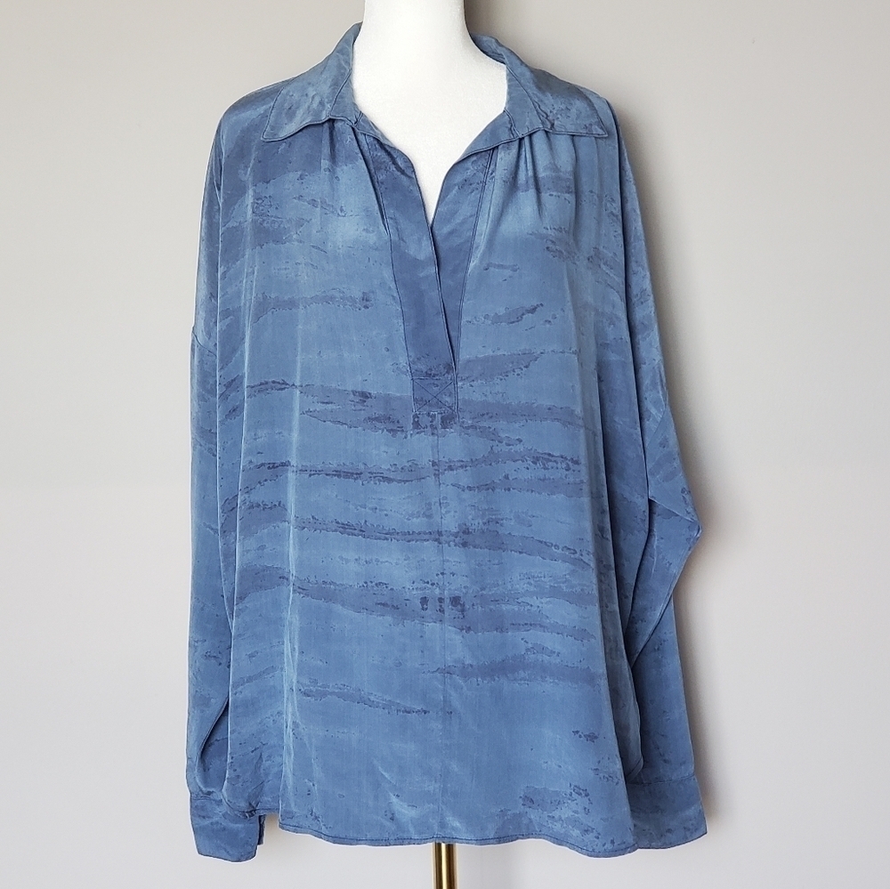 Gypsy 05 100% Silk Boho Tie Dye Tunic Top Blue Oversized Lagenlook Size Small